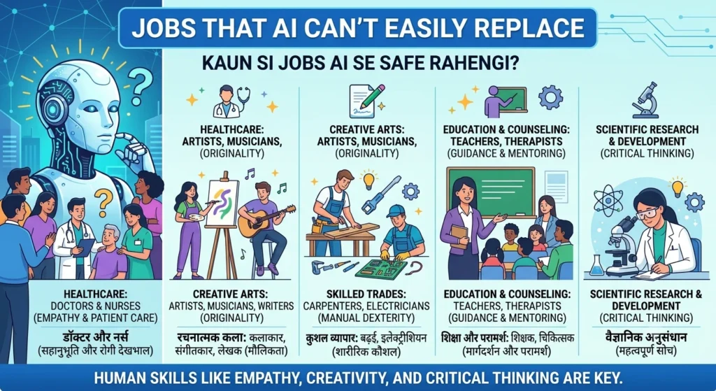 AI se safe jobs jaise doctors, teachers, engineers aur creative professionals ko dikhata illustration