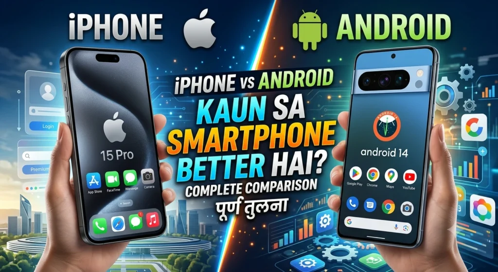 iPhone vs Android comparison showing two smartphones side by side with modern tech background 2026