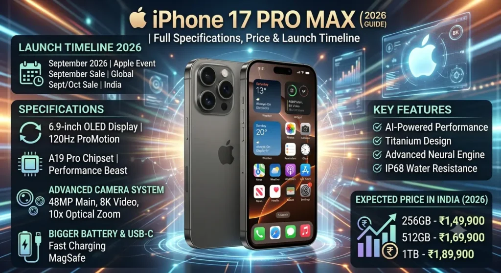 iPhone 17 Pro Max featuring a premium titanium design, large OLED display, advanced camera system, and powerful A19 Pro chip.