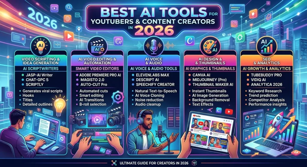 Infographic of best AI tools for YouTubers and content creators in 2026 showing categories like Video Scripting, Editing, AI Voice, Thumbnail Design, and SEO Analytics.