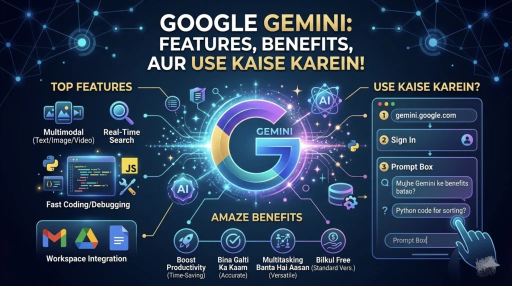 Google Gemini AI features and benefits explained infographic.