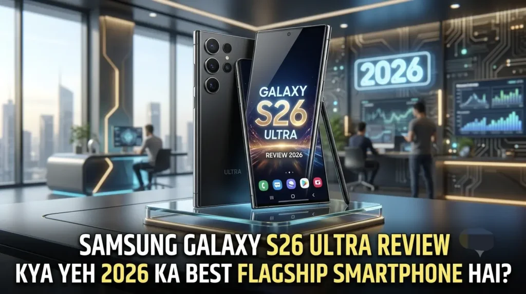Samsung Galaxy S26 Ultra premium black smartphone with S-Pen on a glass stand, featuring tech background and article title text.
