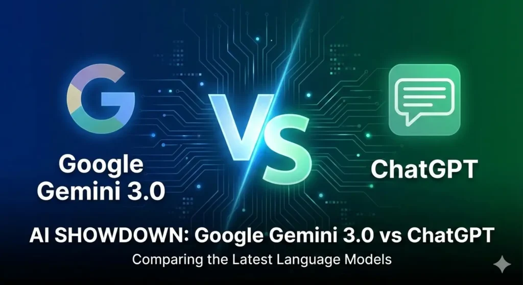 ChatGPT vs Google Gemini comparison showing features like content writing, coding support, AI research and real-time data.
