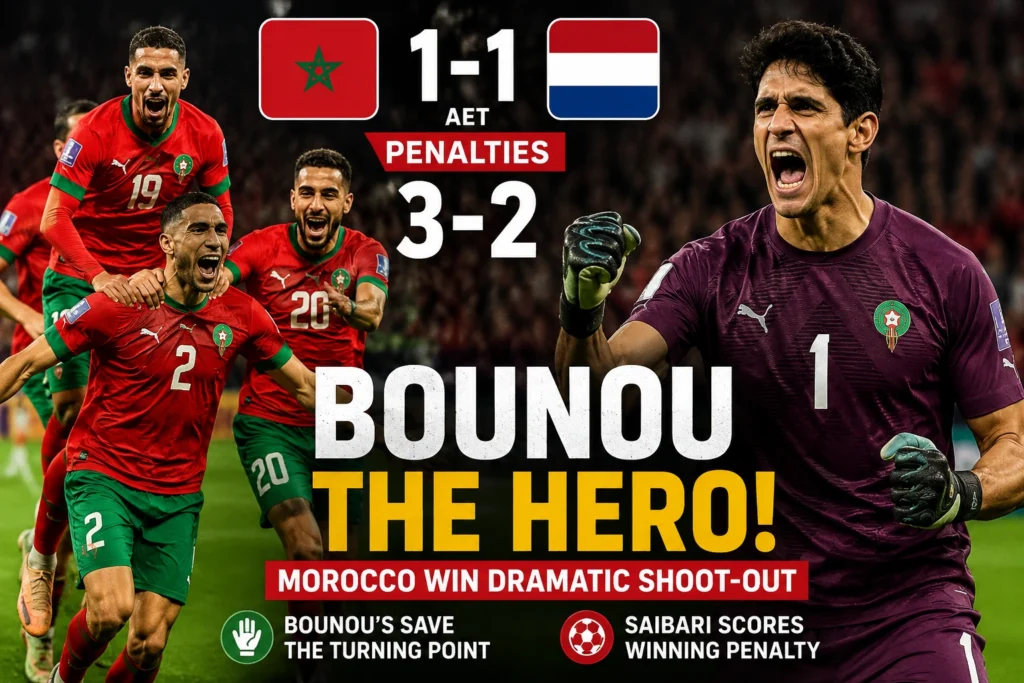Morocco players celebrate after defeating the Netherlands 3-2 on penalties as goalkeeper Yassine Bounou celebrates his match-winning performance during the FIFA World Cup.