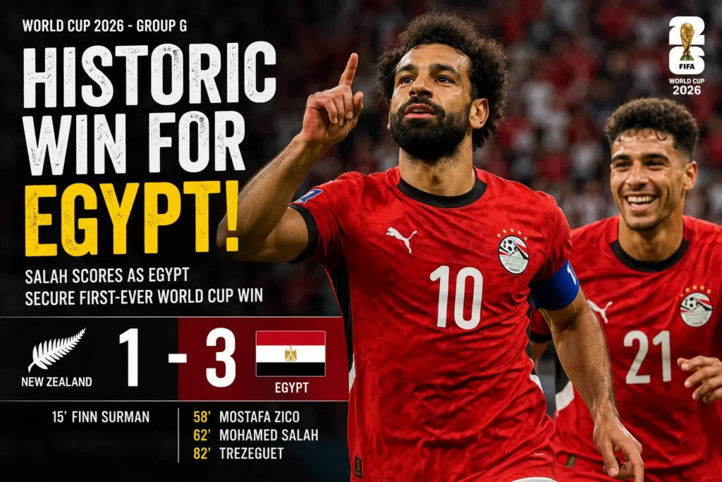 Mohamed Salah celebrates in Egypt's 3-1 win over New Zealand