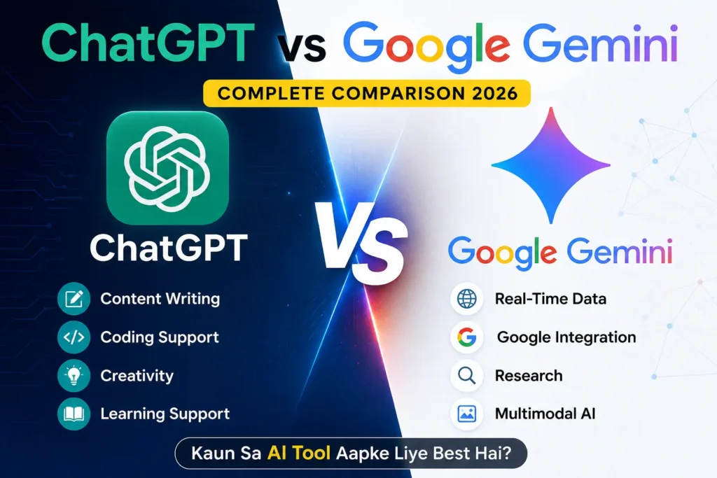 ChatGPT vs Google Gemini comparison showing features like content writing, coding support, AI research and real-time data.