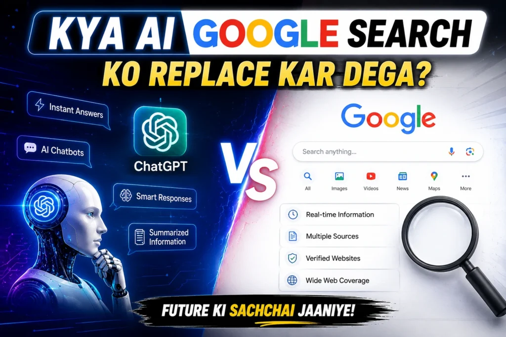 AI vs Google Search comparison showing whether AI tools like ChatGPT can replace traditional search engines in the future.