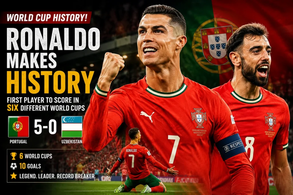 Cristiano Ronaldo celebrates after scoring for Portugal against Uzbekistan and becoming the first player to score in six FIFA World Cups.