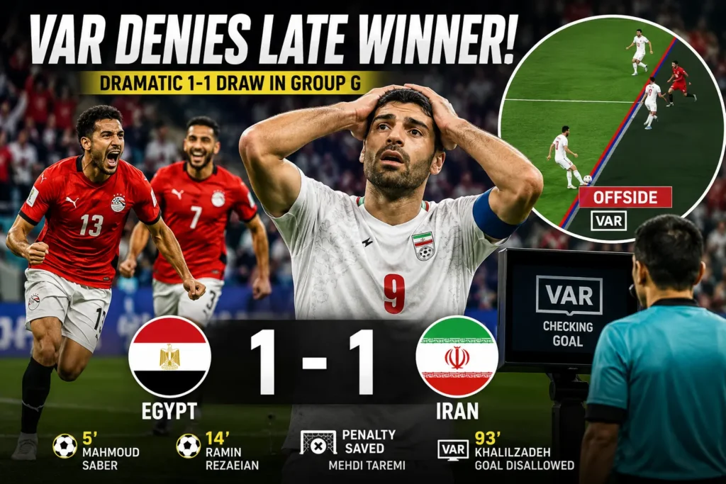 Iran players react after VAR disallows Shoja Khalilzadeh's late goal during the dramatic 1-1 FIFA World Cup 2026 Group G draw against Egypt at Seattle Stadium.