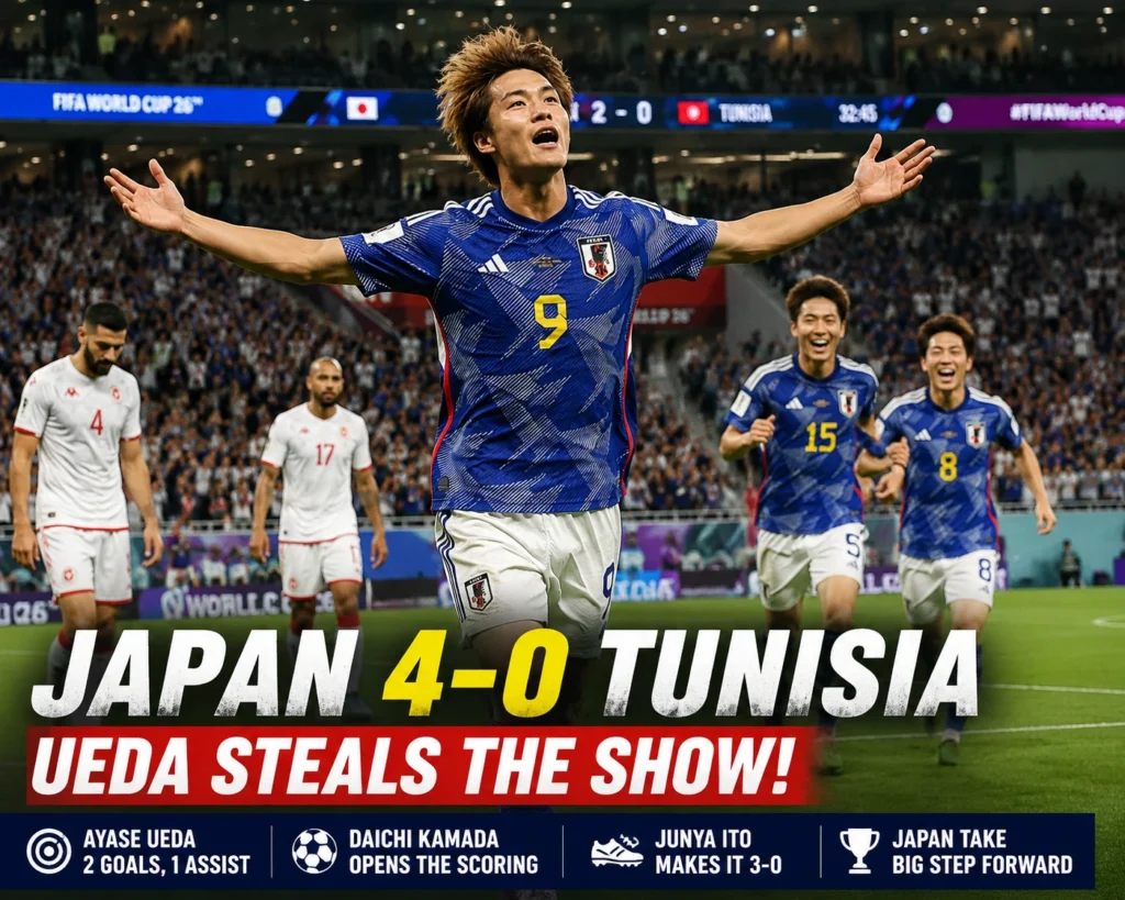 Ayase Ueda celebrates after scoring as Japan defeated Tunisia 4-0 in a FIFA World Cup Group F match.