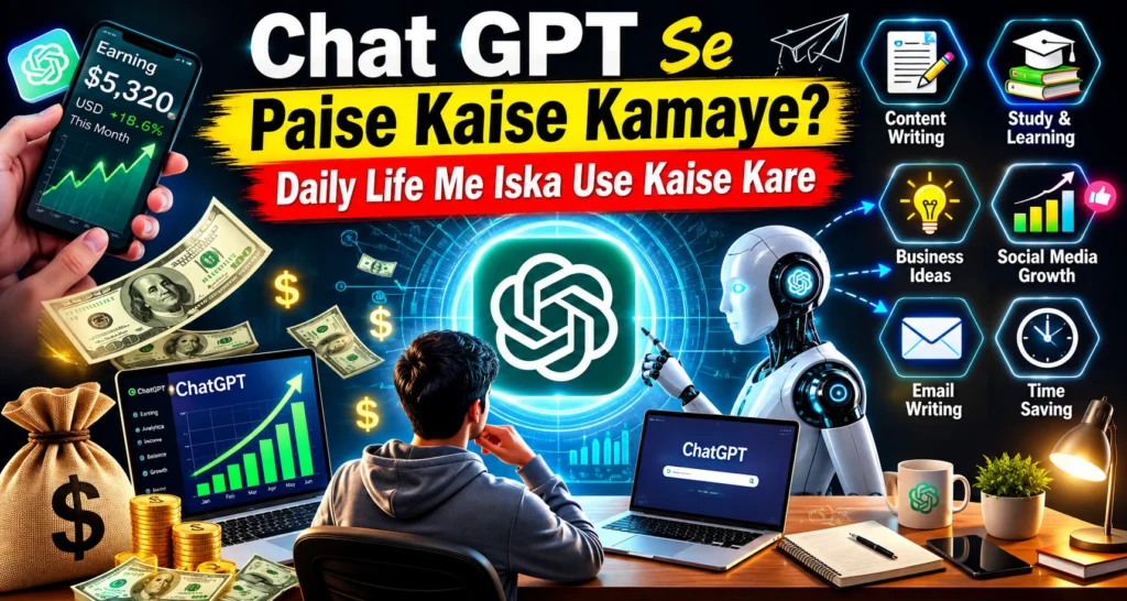 Chat GPT AI assistant showing online earning opportunities, content writing, study, business ideas, email writing and productivity improvement.