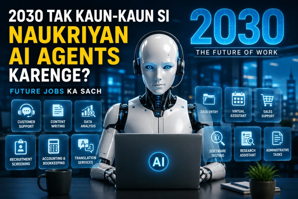 2030 tak AI Agents dwara automate ki jaane wali jobs ko dikhata futuristic AI robot