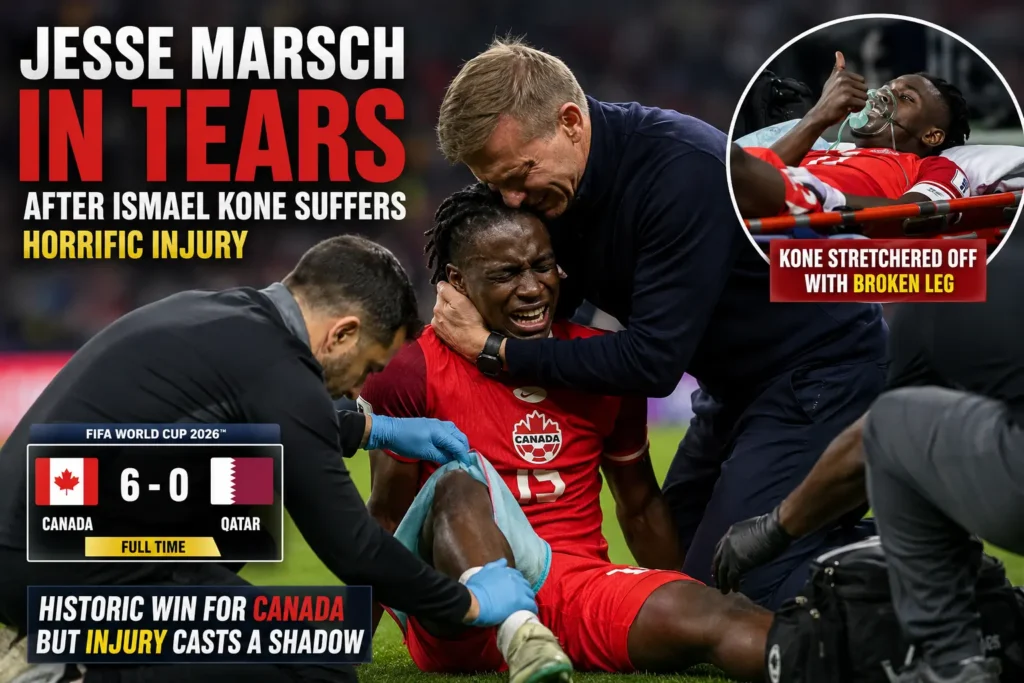 Jesse Marsch reacts to Ismael Kone injury during Canada vs Qatar World Cup match.