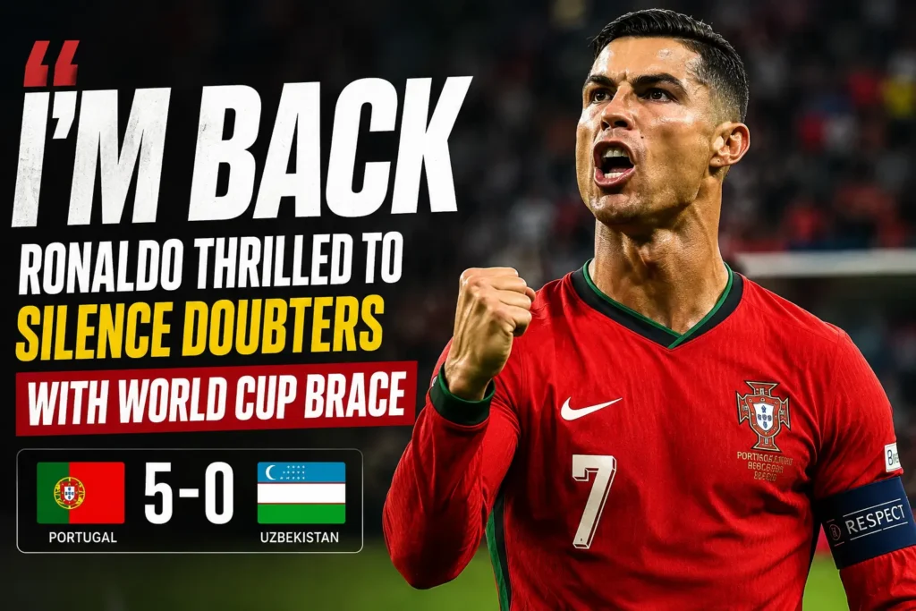 Cristiano Ronaldo celebrates after scoring twice as Portugal beat Uzbekistan 5-0 at the FIFA World Cup.