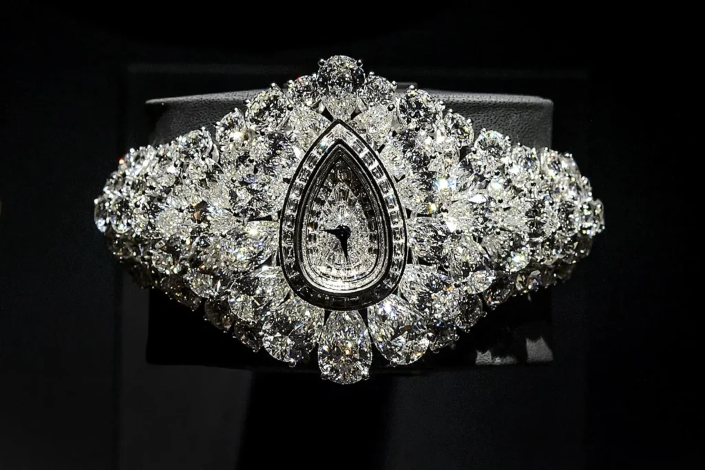 Graff Diamonds The Fascination luxury diamond watch with 152.96 carats and removable 38.13-carat pear-shaped diamond.