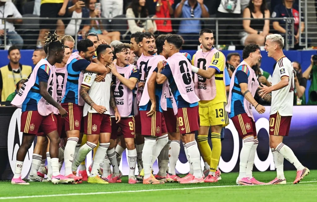 Spain players celebrate a 2-0 victory over France to reach the FIFA World Cup 2026 final.