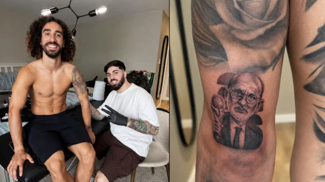 Marc Cucurella shows his Luis de la Fuente tattoo after Spain's 2026 FIFA World Cup victory.