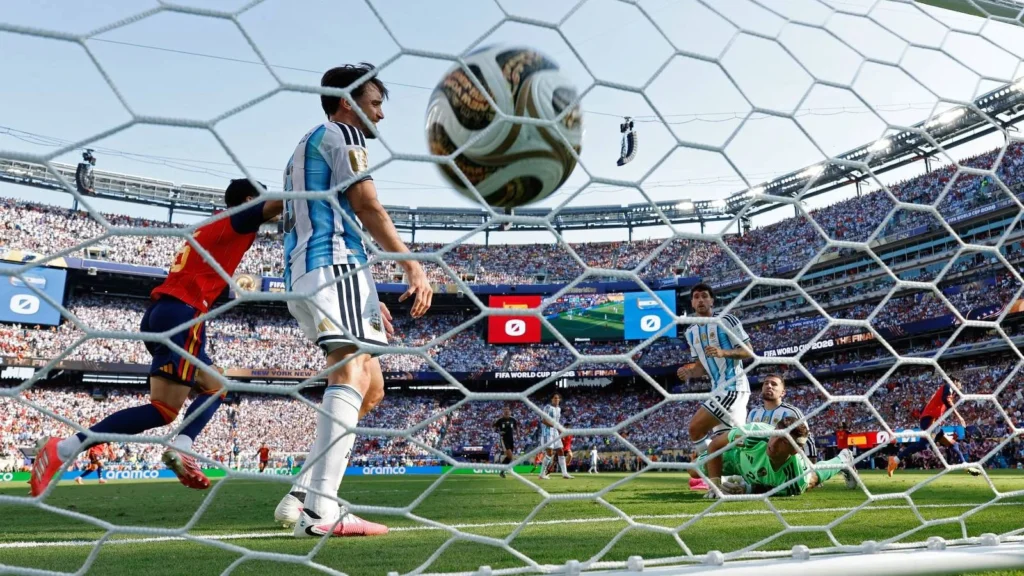 Spain players celebrate after Ferran Torres scores the extra-time winner against Argentina in the FIFA World Cup 2026 final.