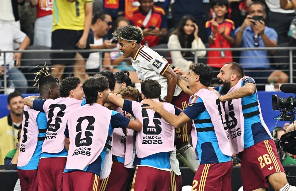 Spain players celebrate a 2-0 victory over France to reach the FIFA World Cup 2026 final.