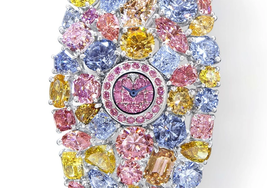 Graff Diamonds Hallucination, the world's most expensive luxury diamond watch featuring rare colored diamonds.