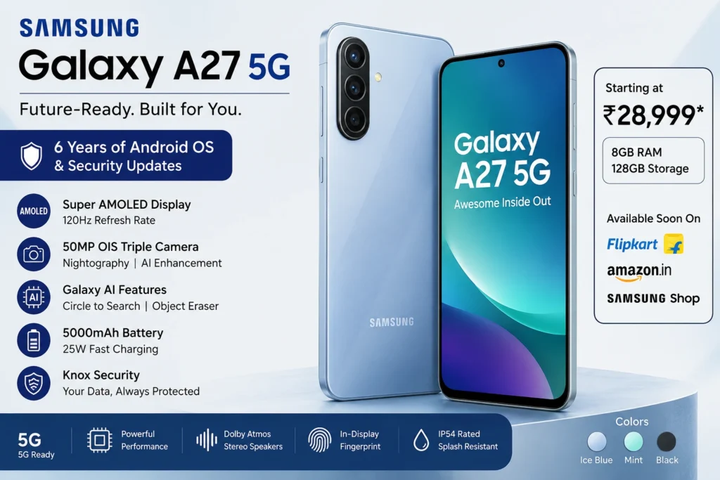 Samsung Galaxy A27 5G smartphone with AI features and 6 years software updates.