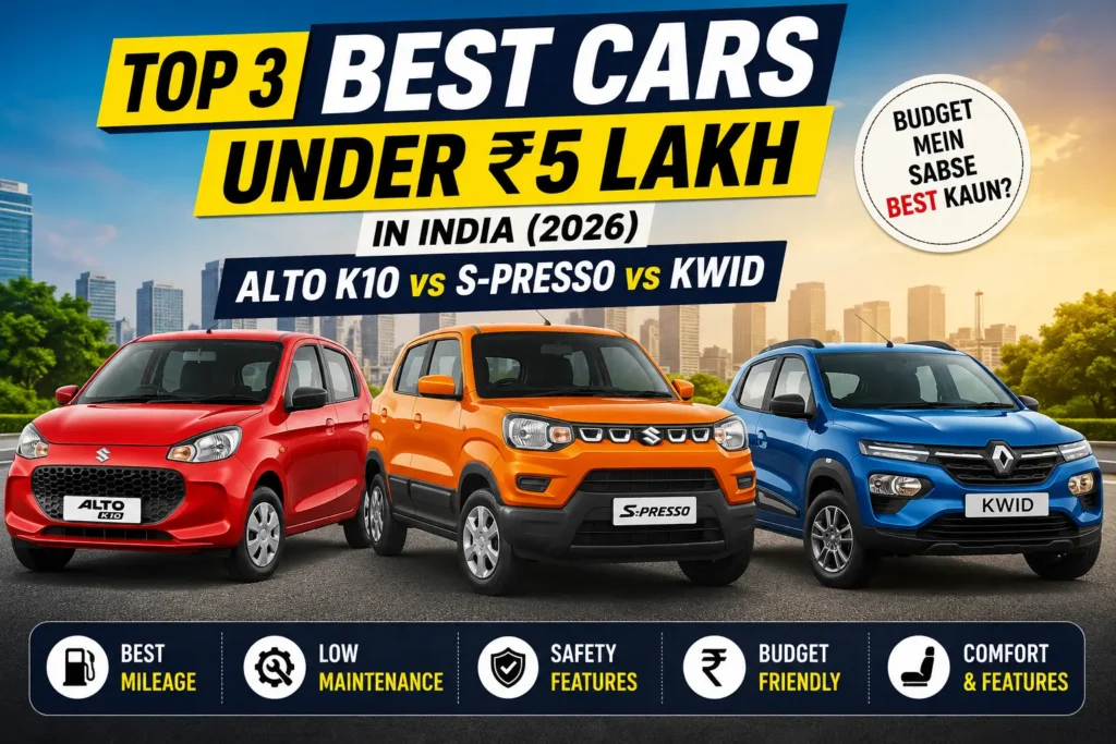 Maruti Alto K10, S-Presso aur Renault Kwid comparison under ₹5 lakh budget in India (2026).