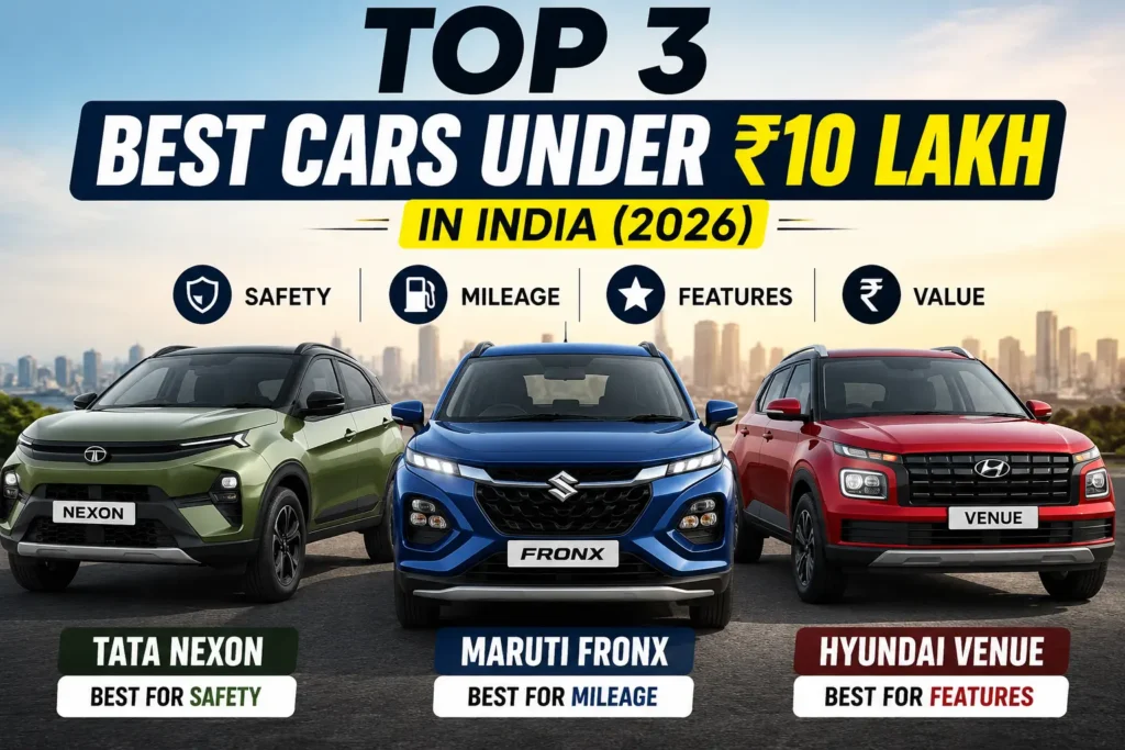 Top 3 best cars under ₹10 lakh in India 2026 featuring Tata Nexon, Maruti Suzuki Fronx and Hyundai Venue