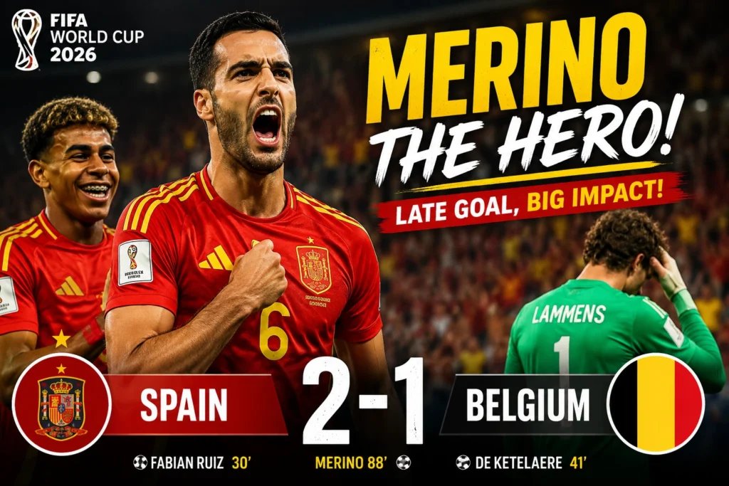 Spain players celebrate after Mikel Merino scores the winning goal in Spain's 2-1 World Cup quarter-final victory over Belgium.