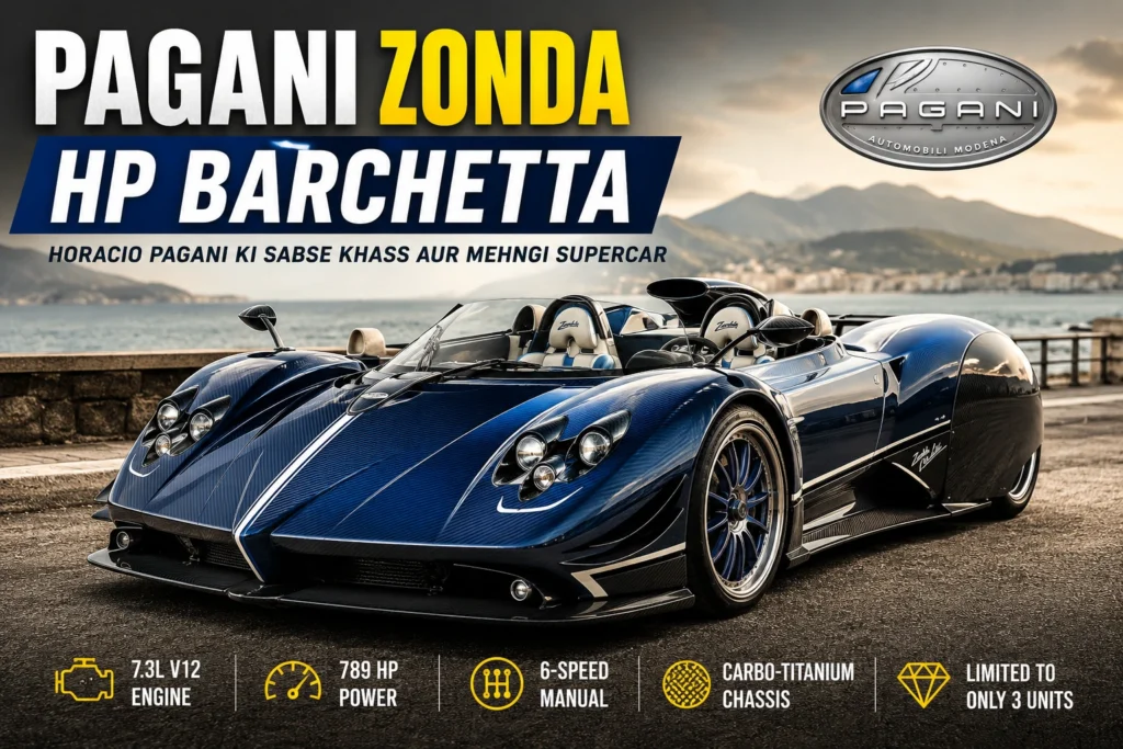Pagani Zonda HP Barchetta blue hypercar with open-top design, carbon fiber body and Mercedes-AMG V12 engine on a scenic road.