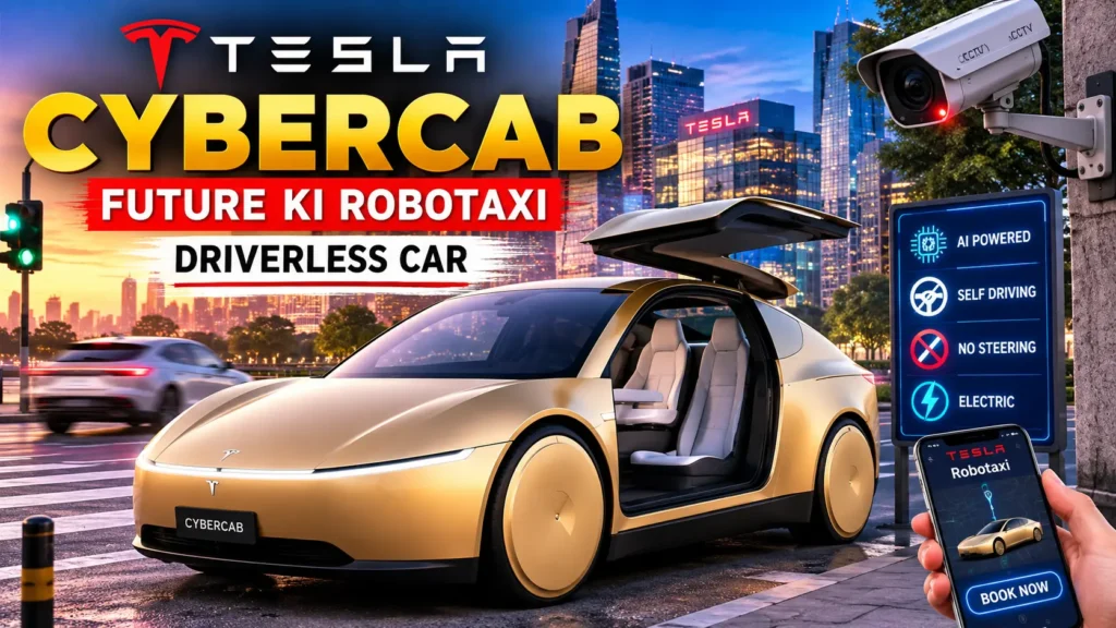 Tesla Cybercab robotaxi driving on a futuristic city road with AI-powered driverless technology.