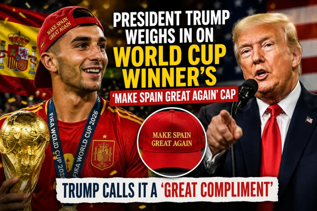 Feature image showing Donald Trump and Spain World Cup hero Ferran Torres wearing the 'Make Spain Great Again' cap during post-final celebrations.