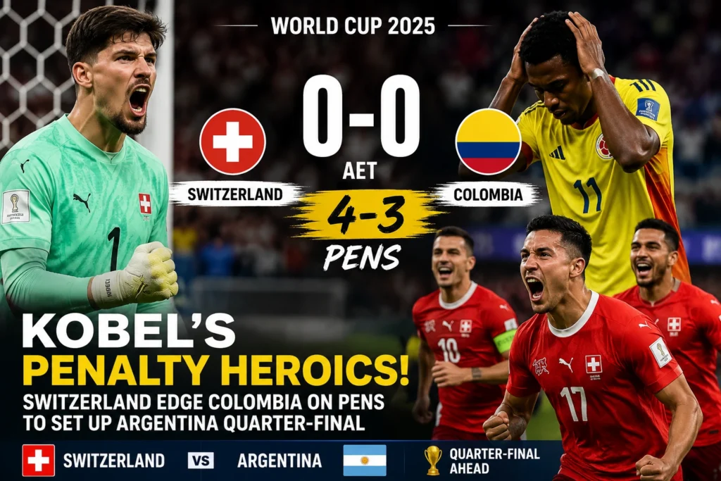 Gregor Kobel celebrates after Switzerland defeated Colombia on penalties to reach the FIFA World Cup quarter-finals.