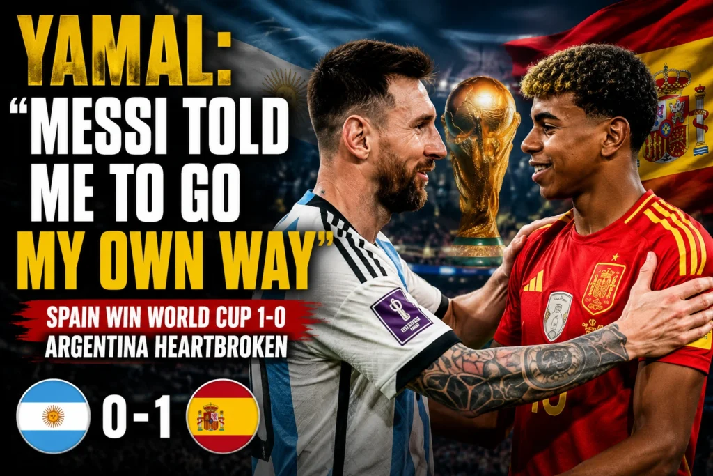 Lionel Messi and Lamine Yamal embrace after Spain's 1-0 World Cup final victory over Argentina.