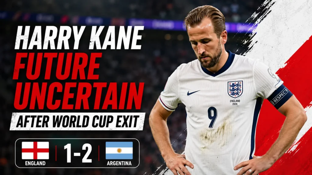 Harry Kane looks disappointed after England's 2-1 defeat to Argentina in the 2026 FIFA World Cup semi-final.