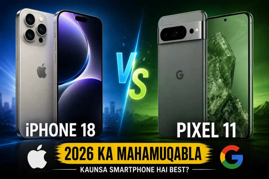 iPhone 18 vs Google Pixel 11 comparison thumbnail showing both flagship smartphones side by side with 2026 ka Mahamuqabla text.