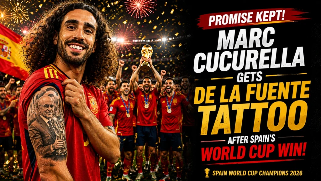 Marc Cucurella shows his Luis de la Fuente tattoo after Spain's 2026 FIFA World Cup victory.