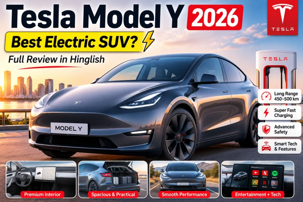 Tesla Model Y 2026 electric SUV parked on a road showcasing its modern design, long range, advanced technology and premium features.