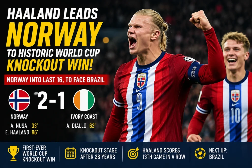 Erling Haaland celebrates after scoring Norway's late winner against Ivory Coast in the FIFA World Cup knockout stage.