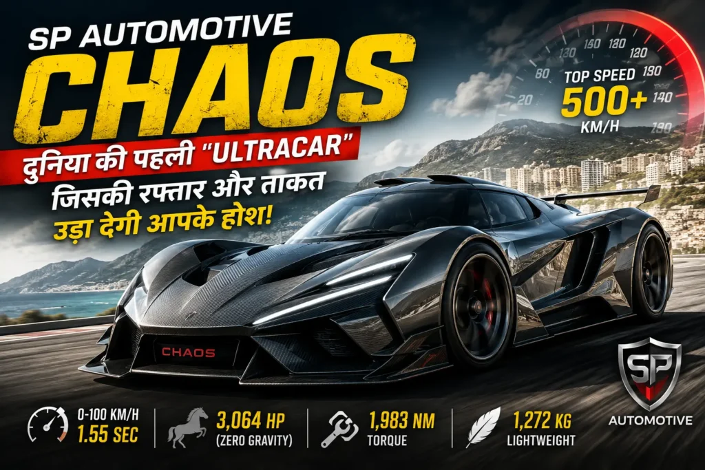 SP Automotive Chaos ultracar black color futuristic supercar with aerodynamic design and claimed 500+ km/h top speed.