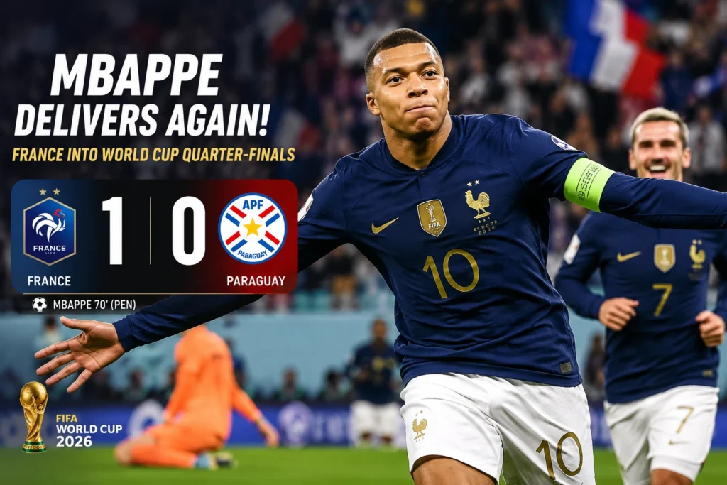 France vs Paraguay featured image showing Kylian Mbappe celebrating after scoring the winning penalty in the FIFA World Cup quarter-final.