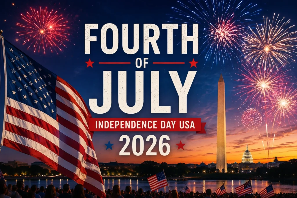Fourth of July 2026 fireworks with the American flag and Washington Monument celebrating USA Independence Day.