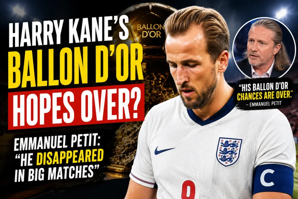 Harry Kane with the Ballon d'Or trophy in the background as Emmanuel Petit questions his Ballon d'Or chances after the 2026 World Cup.