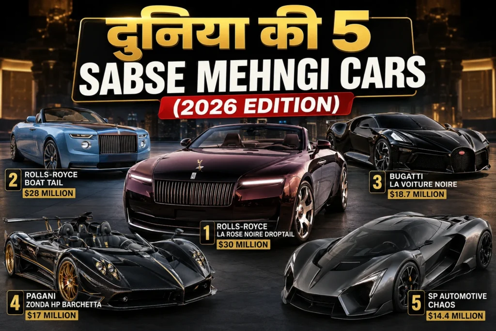 Duniya ki 5 sabse mehngi cars 2026 feature image showing Rolls-Royce, Bugatti, Pagani aur SP Automotive Chaos.
