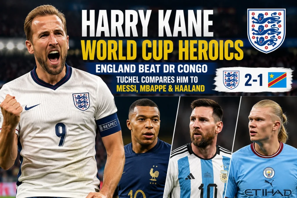 Harry Kane celebrates after scoring twice as England beat DR Congo in the FIFA World Cup knockout stage.