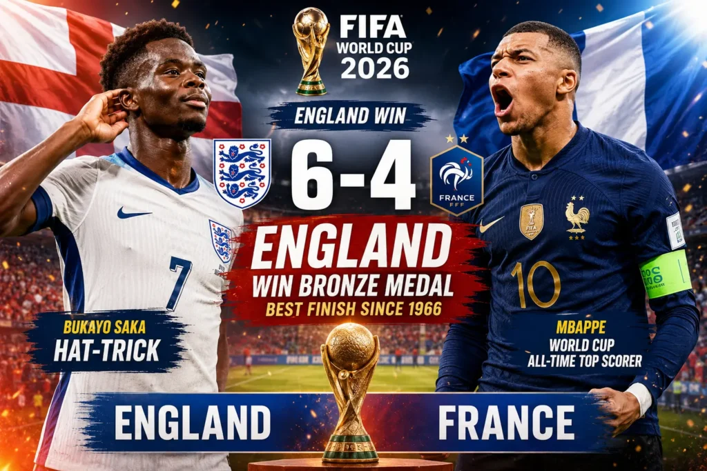 Bukayo Saka celebrates his hat-trick as England defeat France 6-4 in the FIFA World Cup 2026 third-place play-off while Kylian Mbappe sets a new World Cup scoring record.