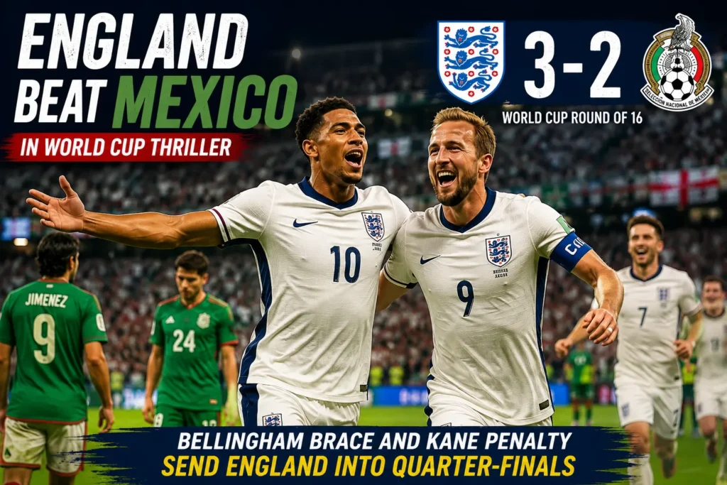 England players celebrate a dramatic 3-2 victory over Mexico in the FIFA World Cup Round of 16 as Jude Bellingham and Harry Kane inspire the Three Lions to the quarter-finals.