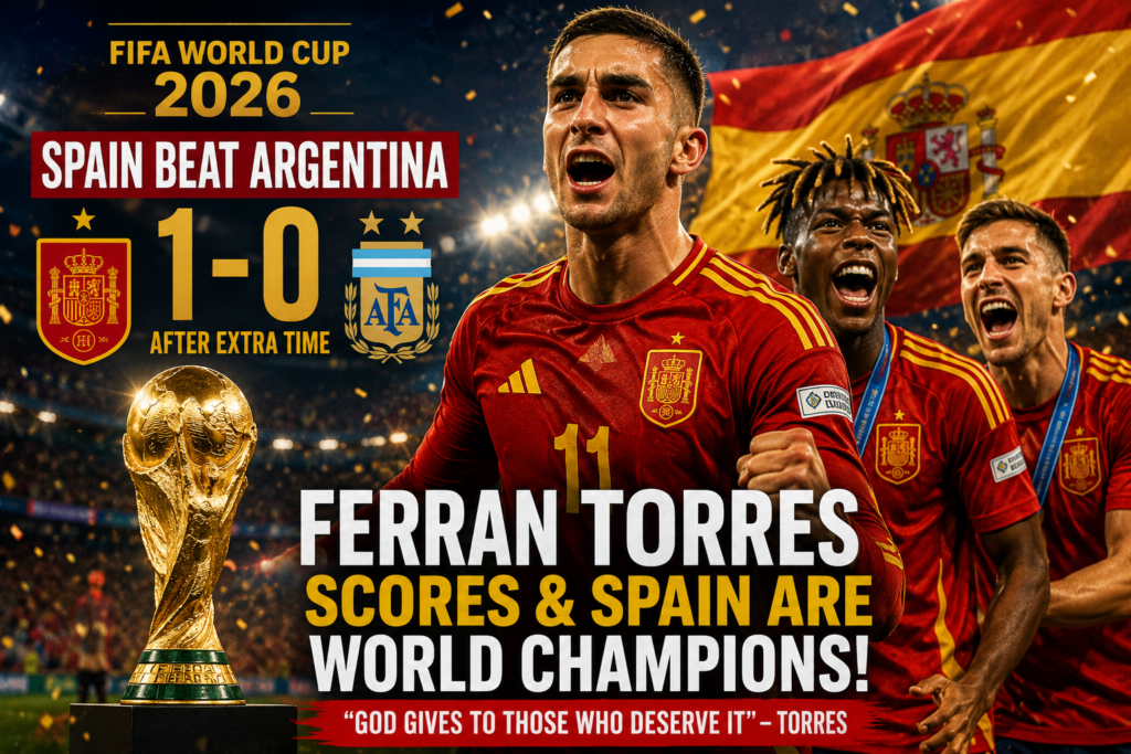 Ferran Torres' extra-time goal helps Spain defeat Argentina 1-0 to win the FIFA World Cup 2026.