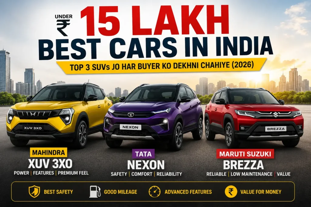 15 Lakh ke under best cars in India 2026 featuring Mahindra XUV 3XO, Tata Nexon aur Maruti Suzuki Brezza.