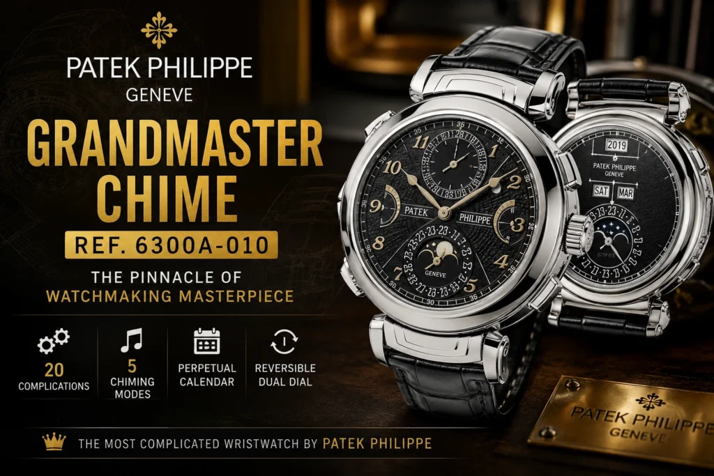 Patek Philippe Grandmaster Chime Ref. 6300A-010 luxury watch with reversible dual dial, 20 complications, and stainless steel case.