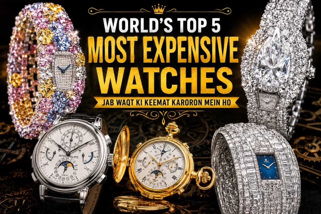 World's Top 5 Most Expensive Watches featuring Graff Diamonds, Patek Philippe, Breguet and Jaeger-LeCoultre luxury timepieces with diamond-studded designs.